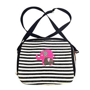 Thirty-One Crossbody Bag with Elephants Black & Cream Stripes Double Zipper